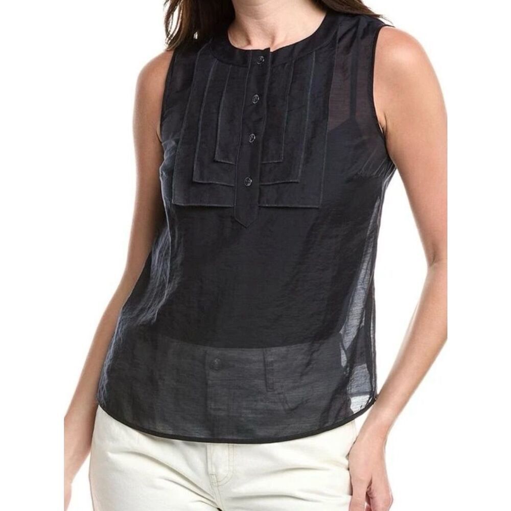 Cabi LOUIE II Dark Navy Layered Placket  Sleeveless Semi Sheer Blouse